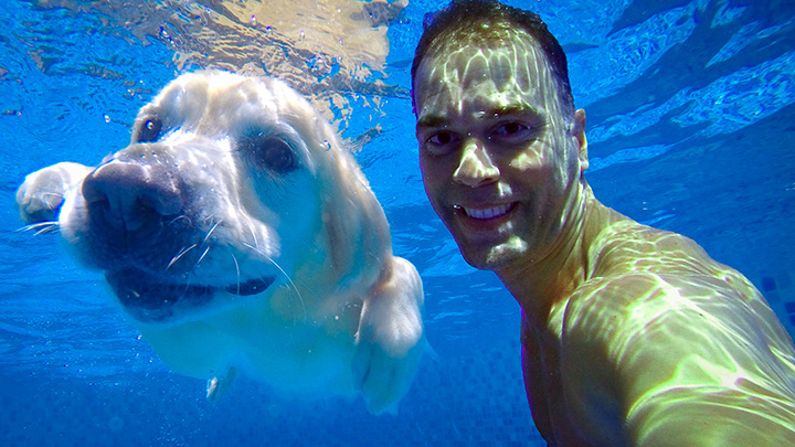 Enric Rodriguez con perro en piscina - Adiestramiento en Positivo
